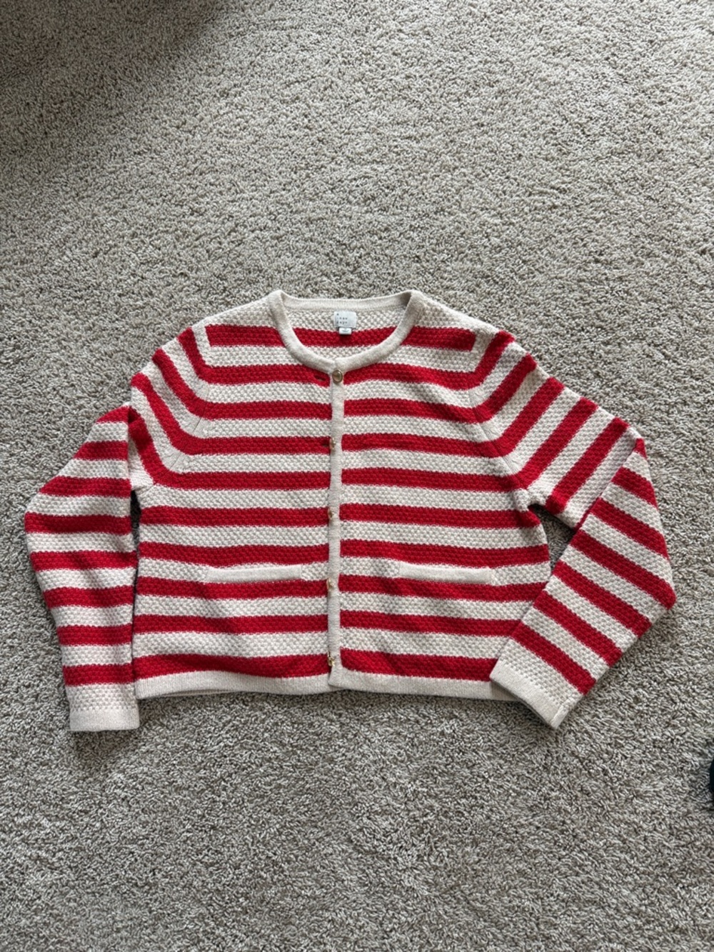 Striped Red and Cream Knit Cardigan Sweater
